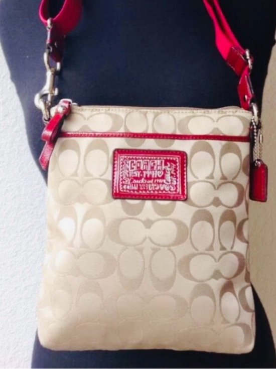 Coach Handbags - Coach Beige Signature Canvas Crossbody with Red Trim and Strap